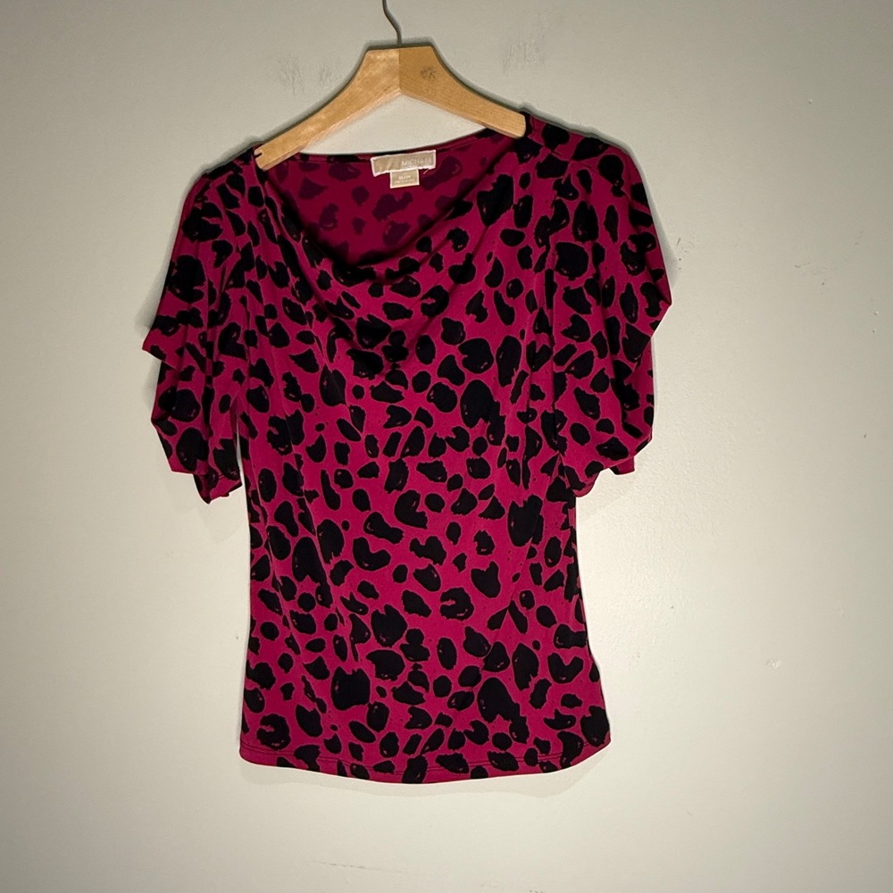 Michael Kors‎ Top Womens Small Pink Black Animal Print Cowl Neck Short Sleeve